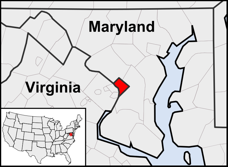 Location of Washington, D.C., in the contiguous United States and in relation to the U.S. states of Maryland and Virginia.