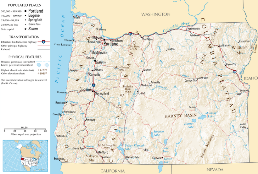 Karte vom Bundesstaat Oregon