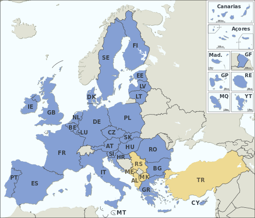 Mitgliedstaaten (blau) und Beitrittskandidaten (gelb) der EU (anklickbare Karte)